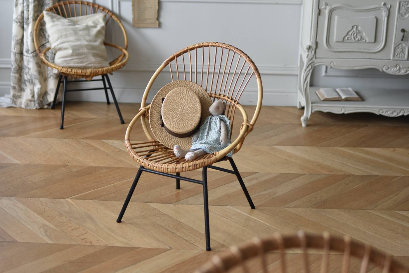 ヴィンテージ アンティーク 椅子 スツール チェア 藤 フランス