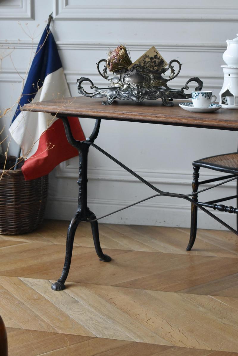 フランスアンティーク鉄脚カフェテーブル/木製ビストロ机